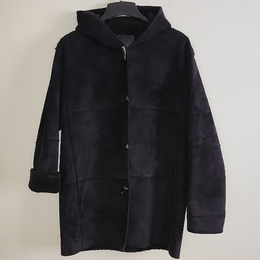 Lauren Ralph Lauren Faux Leather Black Hooded Coat Toggle Closures Sherpa Lined